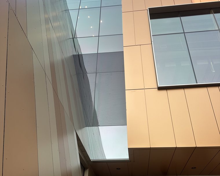 Angled architectural glass facade at the civil rights center in downtown Atlanta